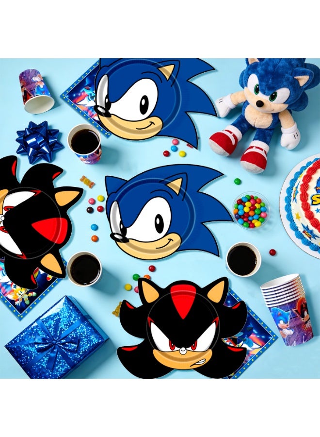 سونيك زينة حفلة عيد ميلاد سونيك لـ 16 ضيفًا، طقم أدوات مائدة على شكل سونيك مكون من 128 قطعة مع لافتة، أطباق، مناديل، أكواب، أدوات مائدة ومفرش طاولة – لوازم حفلات سونيك للأطفال - Image 4